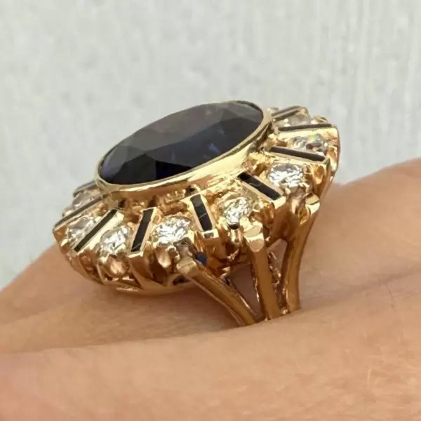 Vintage 9.72ctw Oval Cut Sapphire Black Enamel Halo Cluster Ring