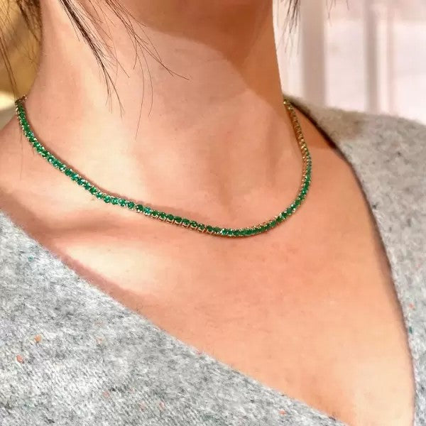 12.5ct Round Cut Emerald Tennis Statement Necklace