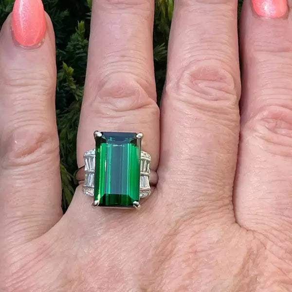 Art Deco 12.18ctw Emerald Cut Green Tourmaline Cocktail Ring