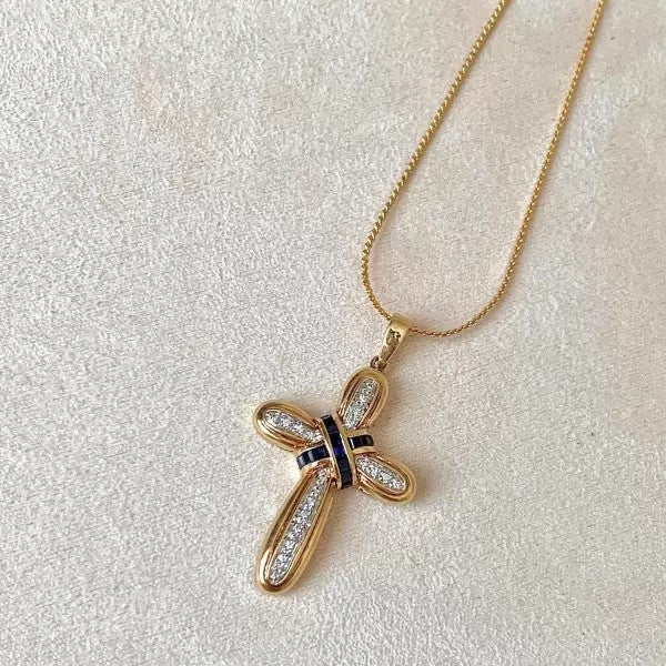 Vintage 4ctw Round Cut White Sapphire Cross Pendant Necklace
