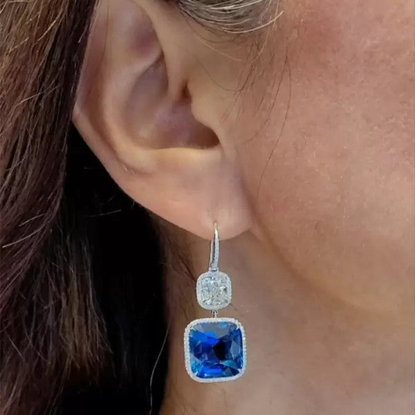 33ctw Cushion Cut Sapphire Pave Halo Drop Earrings