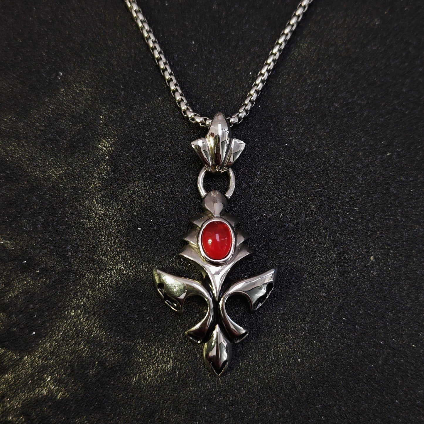 Vintage Cross Pendant Necklace with Red Gem | 316 Stainless Steel Punk Style, 65cm Chain（GS-20250912-7）