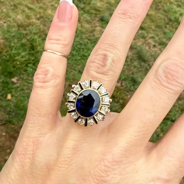 Vintage 9.72ctw Oval Cut Sapphire Black Enamel Halo Cluster Ring