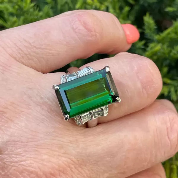 Art Deco 12.18ctw Emerald Cut Green Tourmaline Cocktail Ring