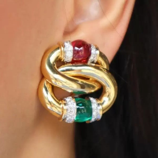 14.2ctw Cabochon Cut Ruby & Emerald Link Clip Earrings