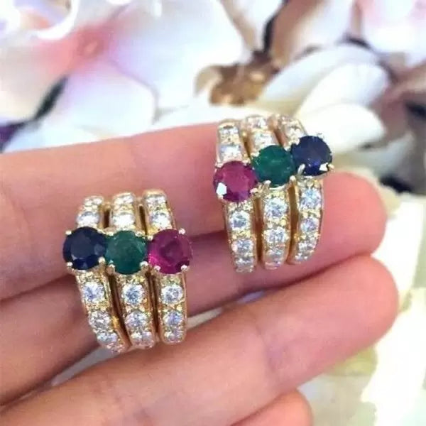8ctw Round Cut Sapphire Ruby Emerald Hoop Earrings