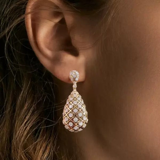 6ctw Round Cut White Sapphire Sparkling Gold Net Diamond Teardrop Earrings
