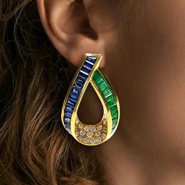5.4ctw Baguette Cut Emerald Sapphire Stud Earrings
