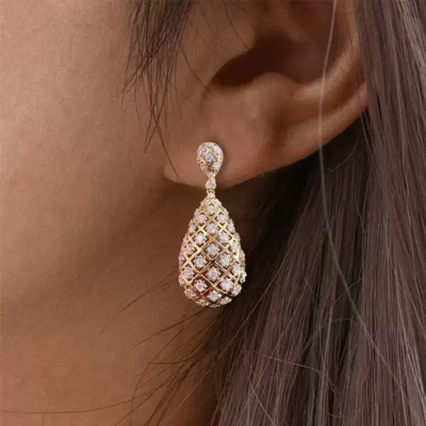 6ctw Round Cut White Sapphire Sparkling Gold Net Diamond Teardrop Earrings