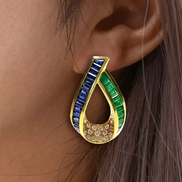 5.4ctw Baguette Cut Emerald Sapphire Stud Earrings