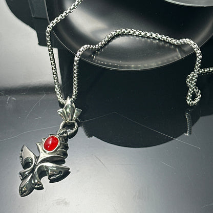 Vintage Cross Pendant Necklace with Red Gem | 316 Stainless Steel Punk Style, 65cm Chain（GS-20250912-7）