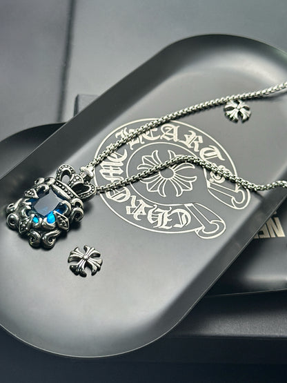 Vintage Crown Sapphire 316 Stainless Steel Pendant Necklace | Unisex Punk Fashion, 65cm Chain（GS-20250912-5）