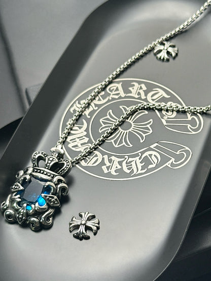 Vintage Crown Sapphire 316 Stainless Steel Pendant Necklace | Unisex Punk Fashion, 65cm Chain（GS-20250912-5）
