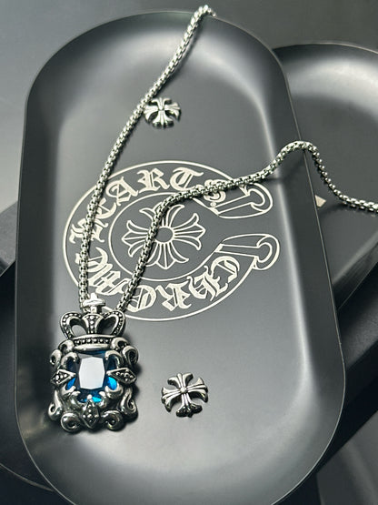 Vintage Crown Sapphire 316 Stainless Steel Pendant Necklace | Unisex Punk Fashion, 65cm Chain（GS-20250912-5）
