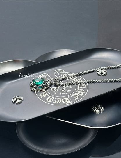 Vintage Oxidized Natural Gemstone Pendant Necklace | Luxury Trendy Unisex Hip-Hop Style with Sterling Silver Chain（YS-20250926-3）