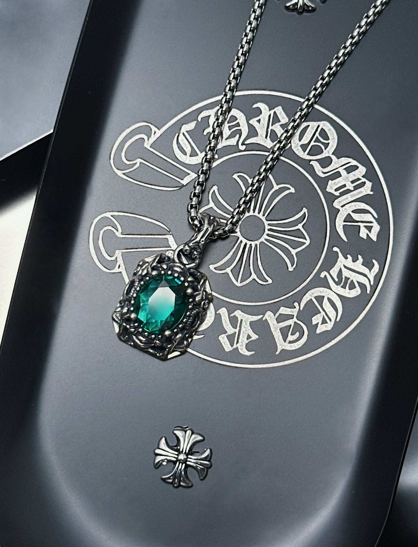 Vintage Oxidized Natural Gemstone Pendant Necklace | Luxury Trendy Unisex Hip-Hop Style with Sterling Silver Chain（YS-20250926-3）