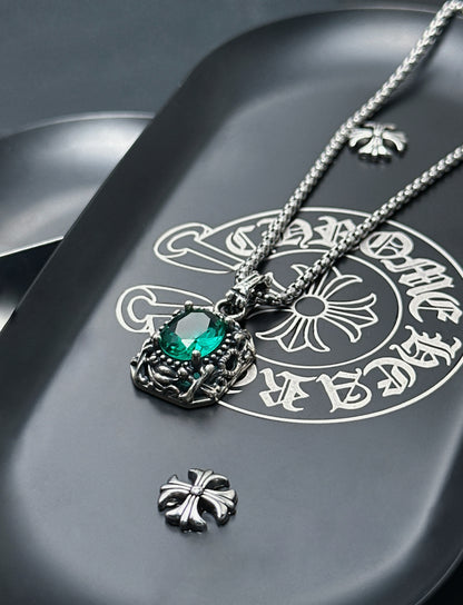 Vintage Oxidized Natural Gemstone Pendant Necklace | Luxury Trendy Unisex Hip-Hop Style with Sterling Silver Chain（YS-20250926-3）