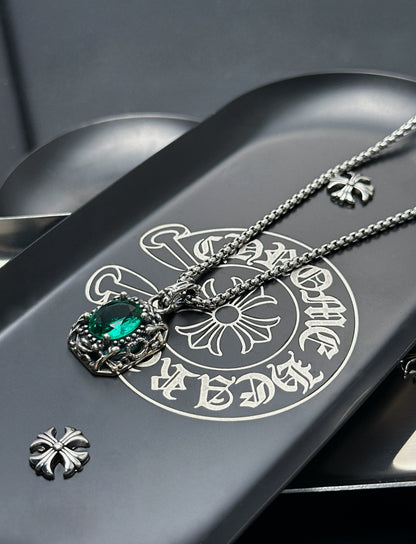 Vintage Oxidized Natural Gemstone Pendant Necklace | Luxury Trendy Unisex Hip-Hop Style with Sterling Silver Chain（YS-20250926-3）