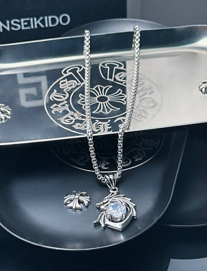 Street Style 316 Stainless Steel Dragon Pendant with Crystal Accents | 65cm Chain（GS-20250912-10）