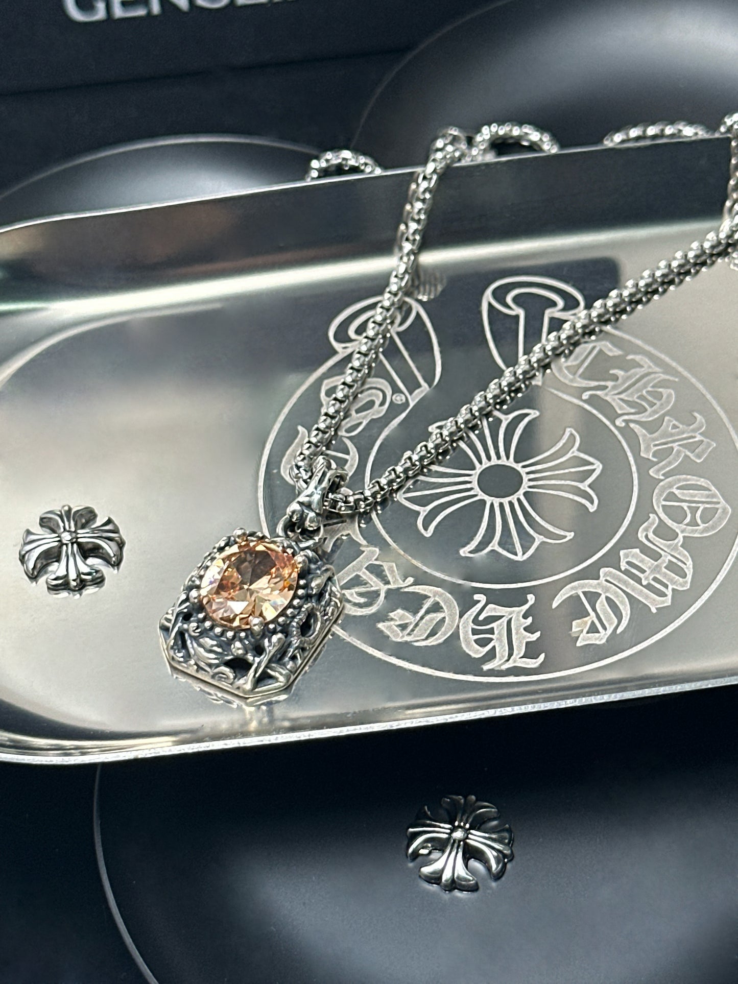 Vintage Oxidized Natural Gemstone Pendant Necklace | Luxury Trendy Unisex Hip-Hop Style with Sterling Silver Chain（YS-20250926-4）