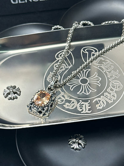 Vintage Oxidized Natural Gemstone Pendant Necklace | Luxury Trendy Unisex Hip-Hop Style with Sterling Silver Chain（YS-20250926-4）