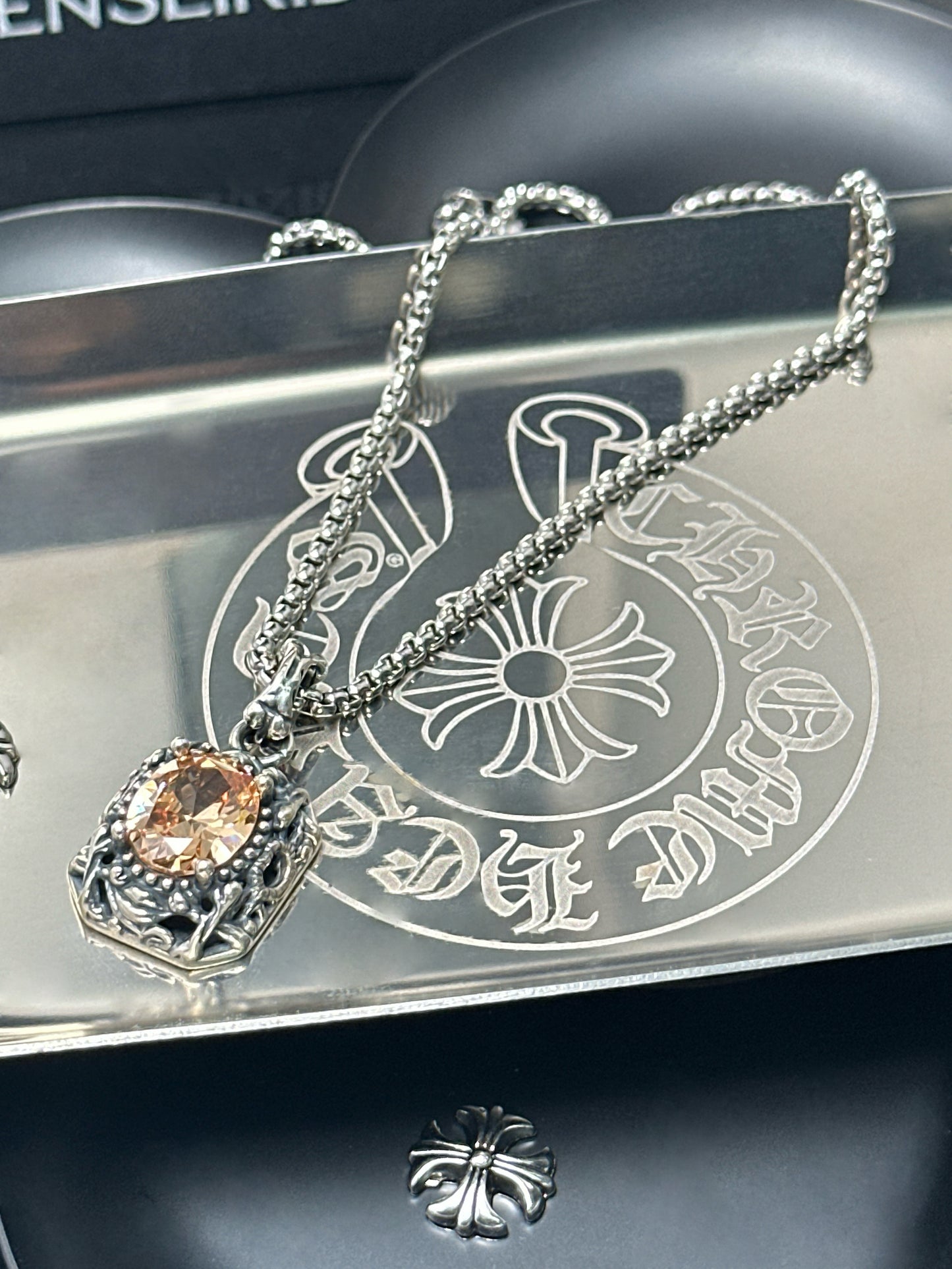 Vintage Oxidized Natural Gemstone Pendant Necklace | Luxury Trendy Unisex Hip-Hop Style with Sterling Silver Chain（YS-20250926-4）