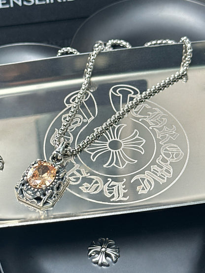 Vintage Oxidized Natural Gemstone Pendant Necklace | Luxury Trendy Unisex Hip-Hop Style with Sterling Silver Chain（YS-20250926-4）