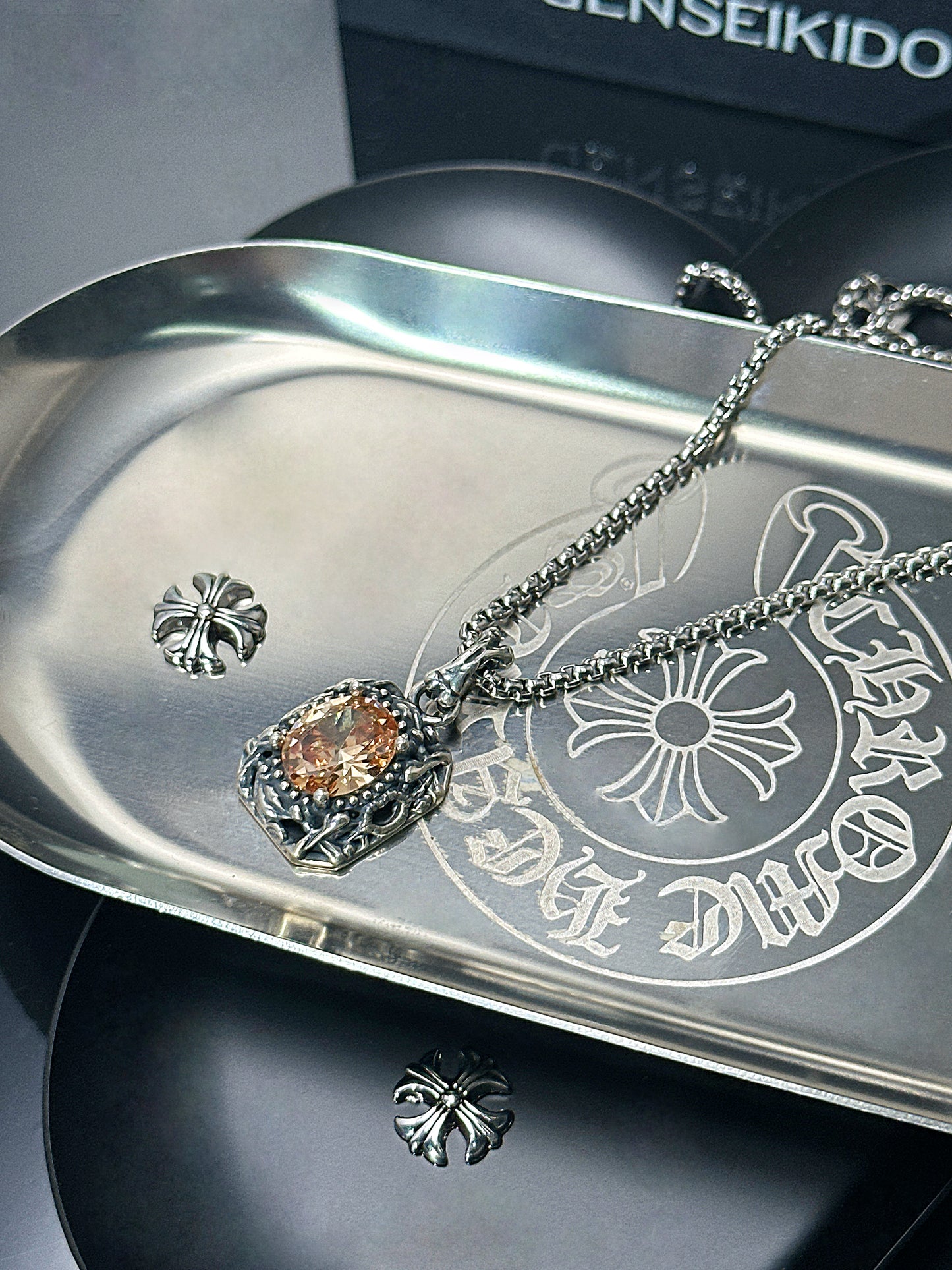 Vintage Oxidized Natural Gemstone Pendant Necklace | Luxury Trendy Unisex Hip-Hop Style with Sterling Silver Chain（YS-20250926-4）