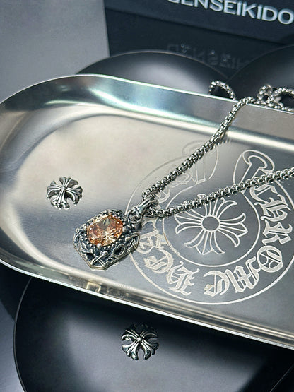 Vintage Oxidized Natural Gemstone Pendant Necklace | Luxury Trendy Unisex Hip-Hop Style with Sterling Silver Chain（YS-20250926-4）