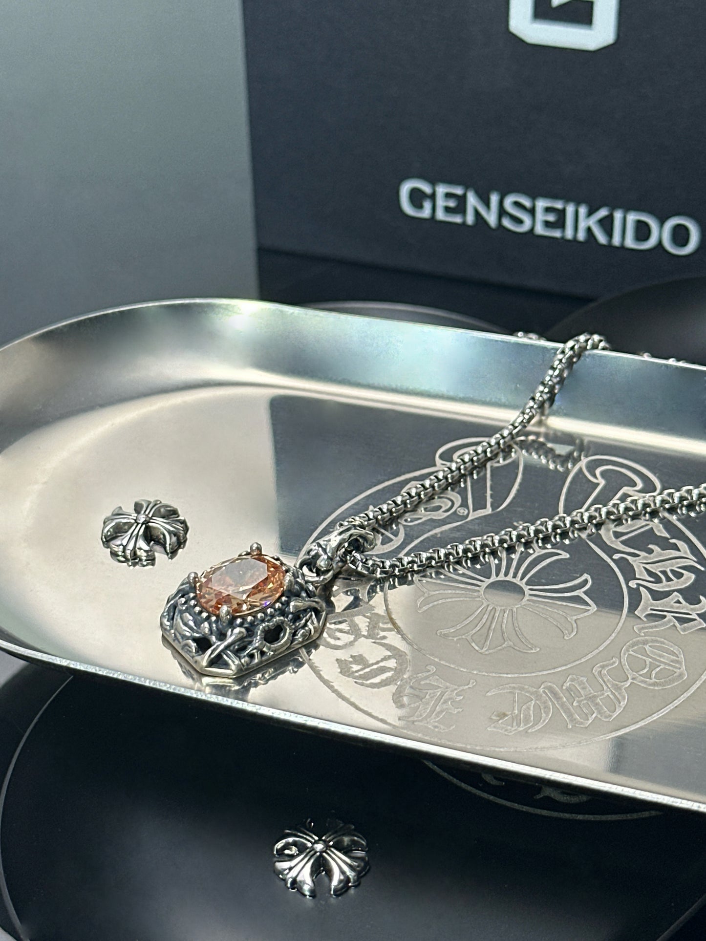 Vintage Oxidized Natural Gemstone Pendant Necklace | Luxury Trendy Unisex Hip-Hop Style with Sterling Silver Chain（YS-20250926-4）