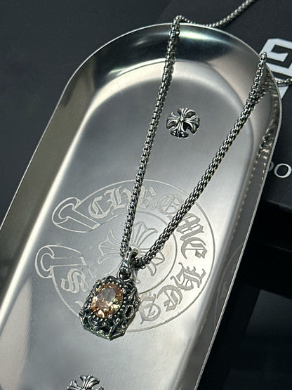 Vintage Oxidized Natural Gemstone Pendant Necklace | Luxury Trendy Unisex Hip-Hop Style with Sterling Silver Chain（YS-20250926-4）