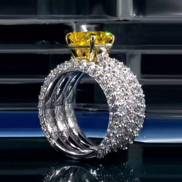 5.6ct Princess Cut Yellow Sapphire Paved Wedding Ring Set Metal