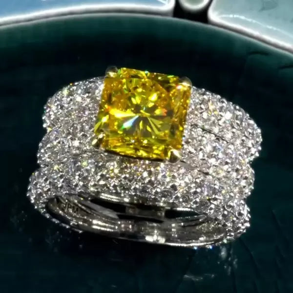5.6ct Princess Cut Yellow Sapphire Paved Wedding Ring Set Metal