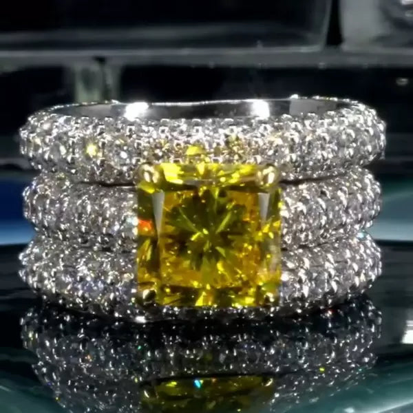 5.6ct Princess Cut Yellow Sapphire Paved Wedding Ring Set Metal