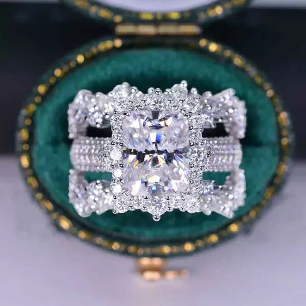 4ct Radiant Cut Three-Pieces Vintage Lace Wedding Ring Set Metal