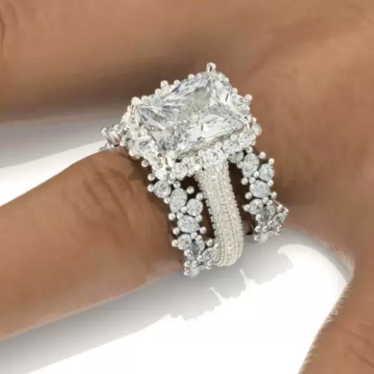 4ct Radiant Cut Three-Pieces Vintage Lace Wedding Ring Set Metal