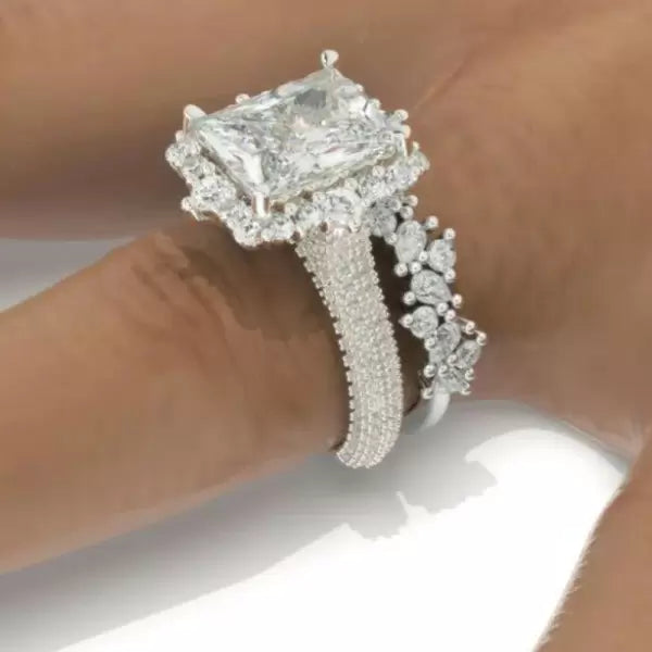 4ct Radiant Cut Three-Pieces Vintage Lace Wedding Ring Set Metal