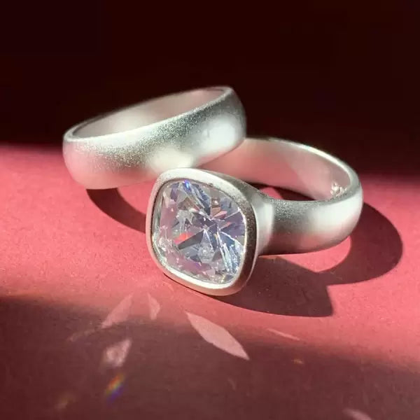 5.6ct Cushion Cut Matte Simple Wedding Ring Set