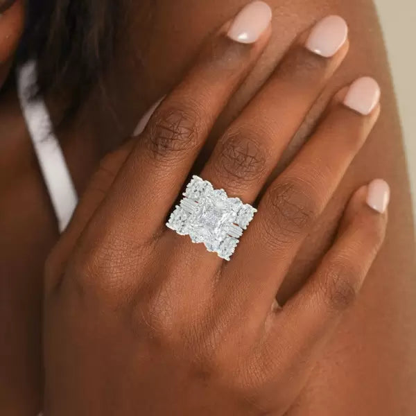 5ct Radiant Cut Three-Pieces Vintage Lace Wedding Ring Set Metal