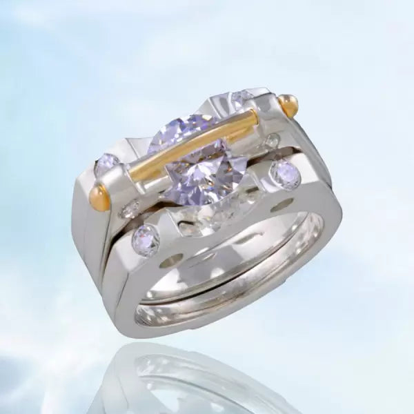 2.7ct Round Cut White Sapphire Two Tone Wedding Ring Set Metal