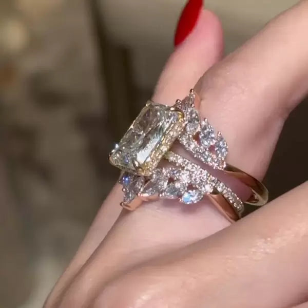 5.5ct Radiant Cut Three-pieces Crown Wedding Ring Set Metal