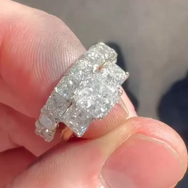 3ct Cushion Cut Three Stone Two Tone Wedding Ring Set Metal