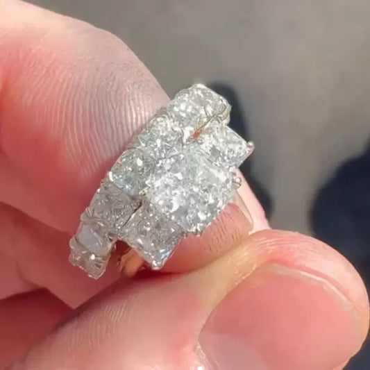 3ct Cushion Cut Three Stone Two Tone Wedding Ring Set Metal