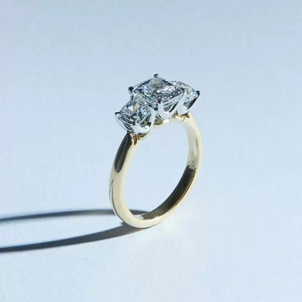 3ct Cushion Cut Three Stone Two Tone Wedding Ring Set Metal