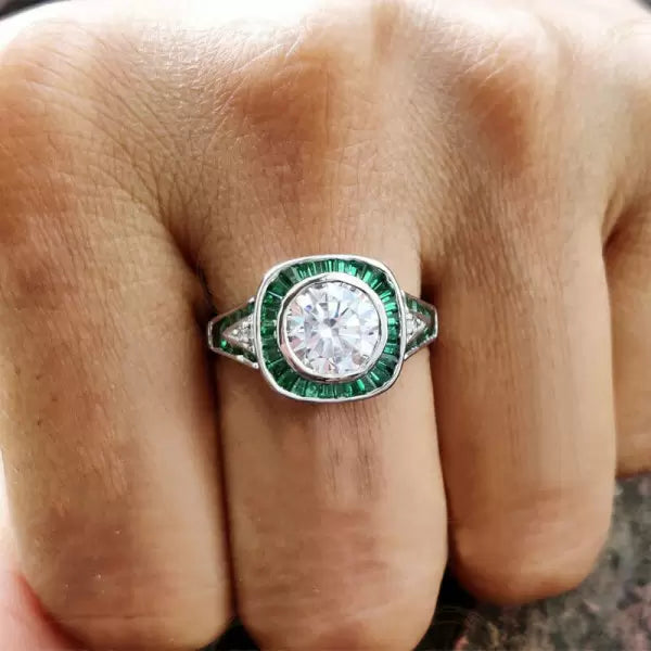 Round Cut Halo Emerald Vintage Engagement Ring