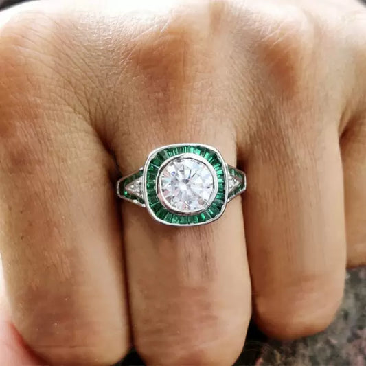 Round Cut Halo Emerald Vintage Engagement Ring