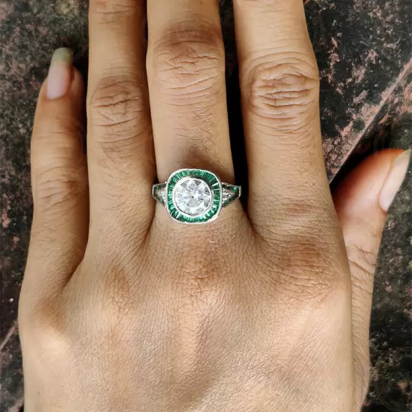Round Cut Halo Emerald Vintage Engagement Ring