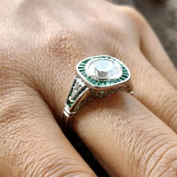 Round Cut Halo Emerald Vintage Engagement Ring
