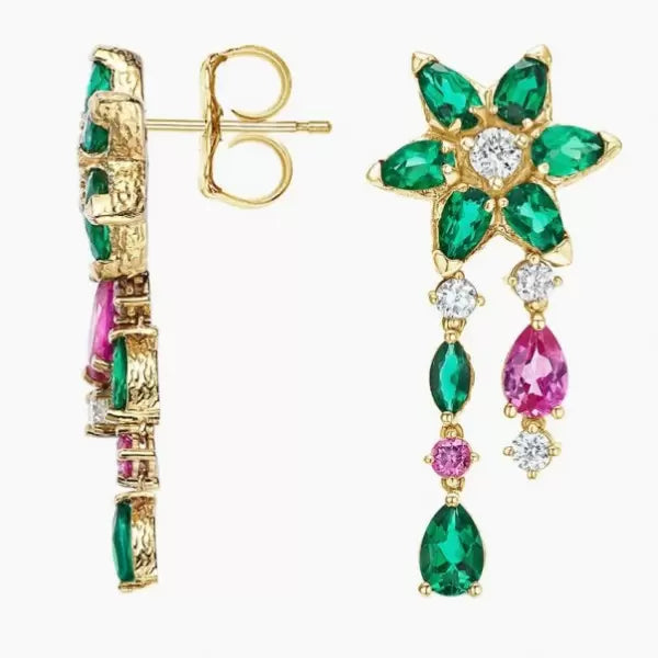 12ctw Pear Cut Ruby Emerald Bloom Drop Earrings