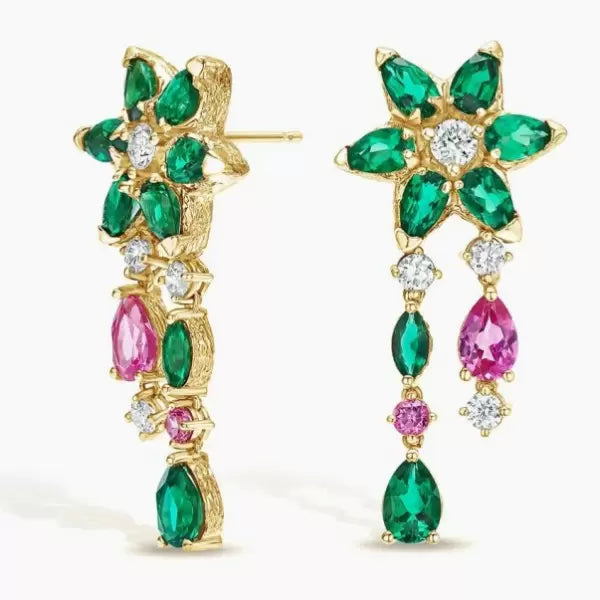 12ctw Pear Cut Ruby Emerald Bloom Drop Earrings